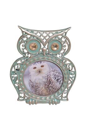 Vintage Owl Jeweled Round Picture Frame Mint Green 3"x 3.5" With Stand